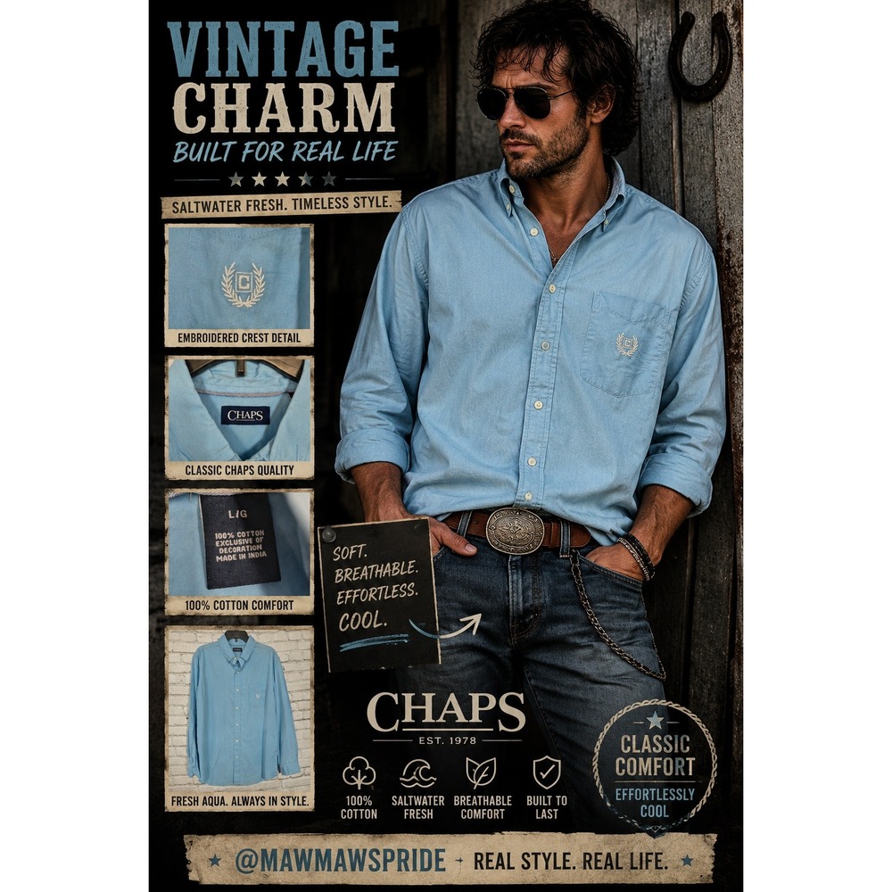 Vintage Chaps Mens Aqua Blue Button Down Shirt Long Sleeve Cotton Crest Logo L
